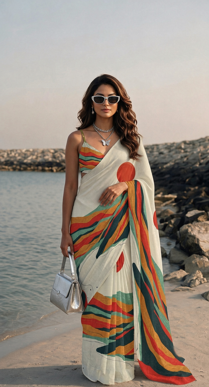 Woman wearing an ivory silk-blend saree with multicolor stripes and red accents by the waterfront