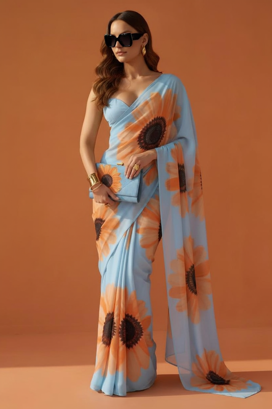 Sky Blue & Orange Sunflower Print Georgette Saree