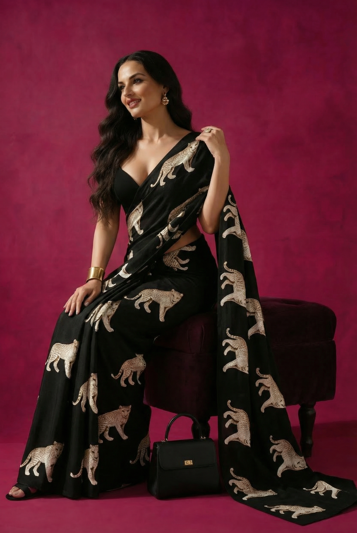 Black Wild Leopard Silk Blend fabric Saree