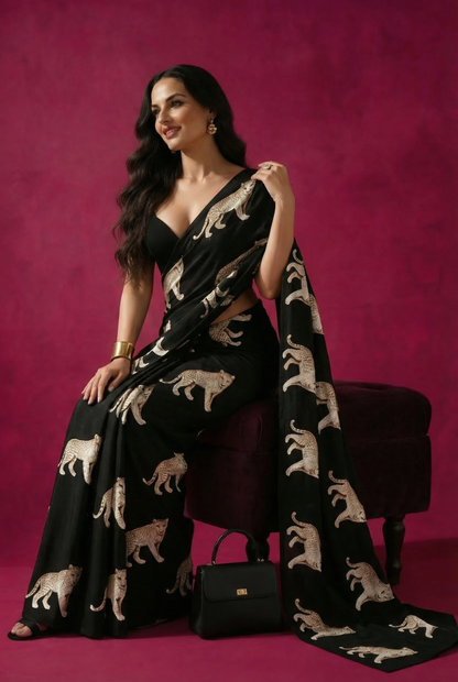 Black Wild Leopard Silk Blend fabric Saree