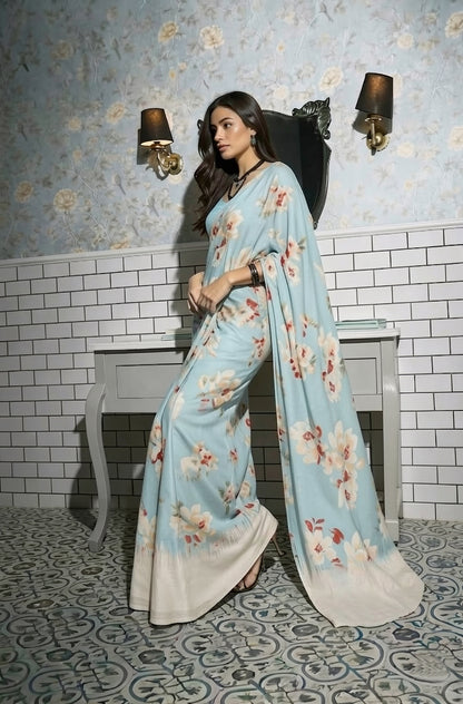 Bluebell Garden Powder Blue Floral Silk Blend Saree