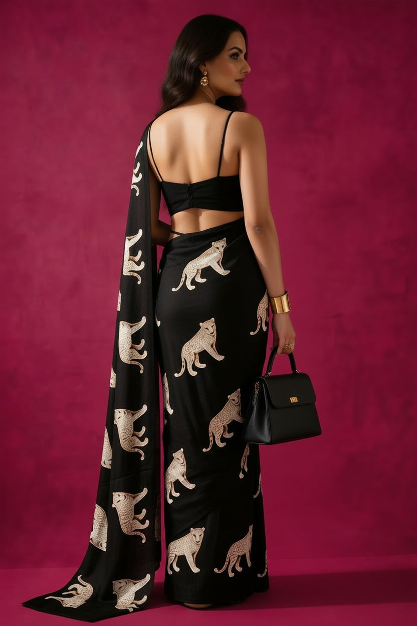 Black Wild Leopard Silk Blend fabric Saree