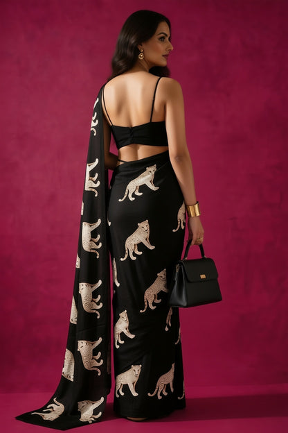 Black Wild Leopard Silk Blend fabric Saree