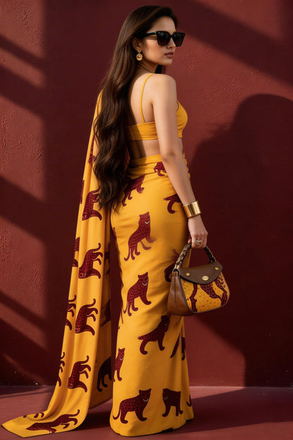 Yellow Maroon Leopard Silk Blend Saree
