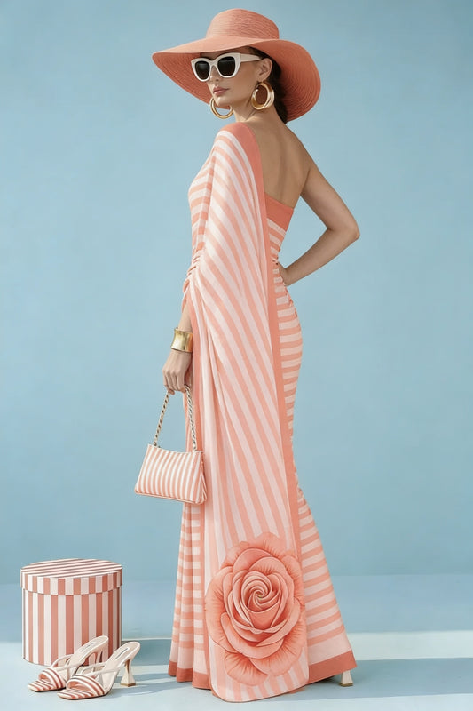 Peach Striped Rose Silk Blend Saree
