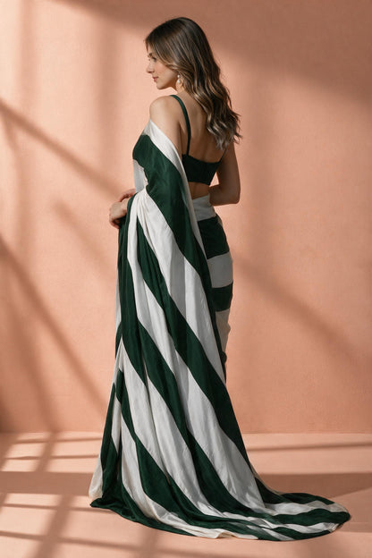 Premium Silk Blend Striped Saree - Green & White