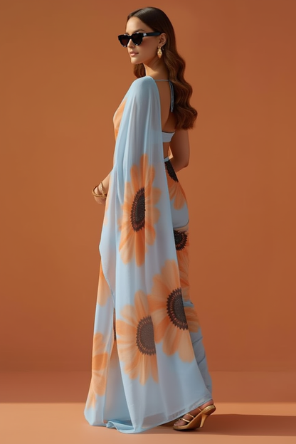 Sky Blue & Orange Sunflower Print Georgette Saree