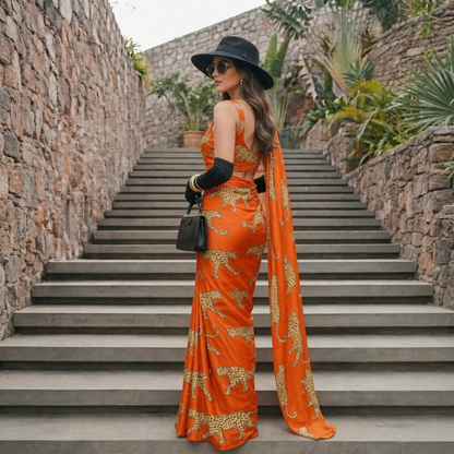 Spice Orange Cheetah Print Silk Blend Saree