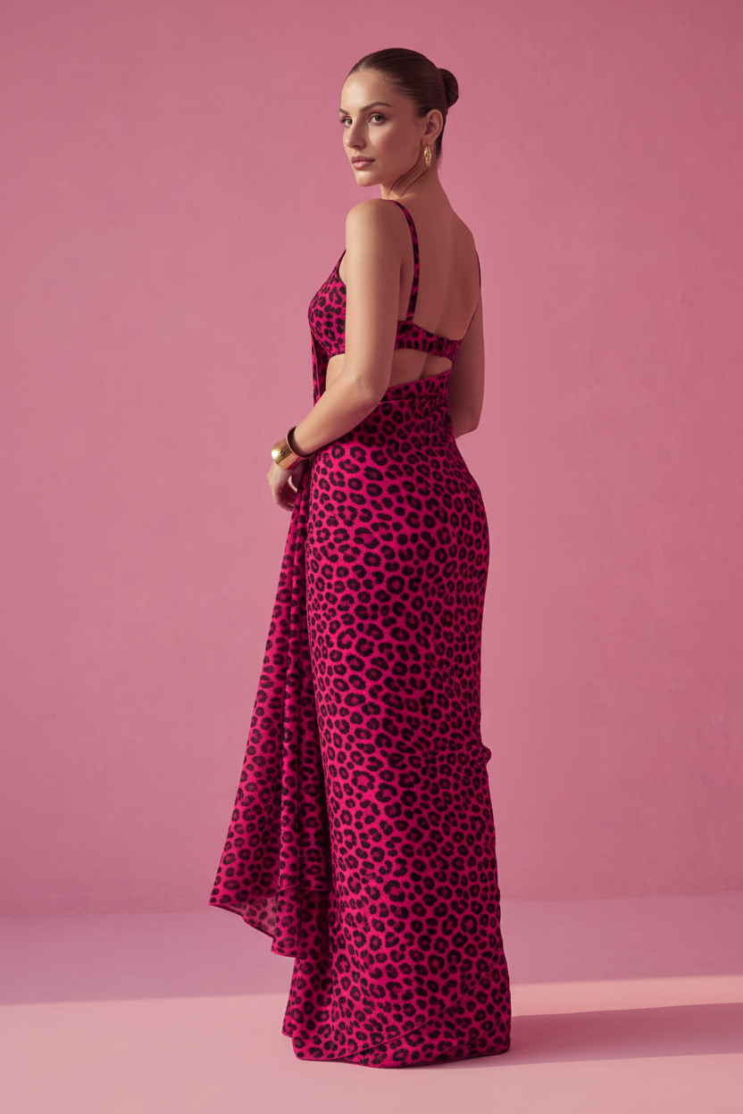 Hot Pink Leopard Printed Silk Blend Saree