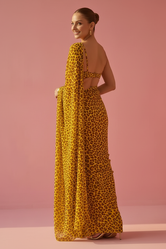 Haldi Edition Yellow Leopard Printed Silk Blend Saree