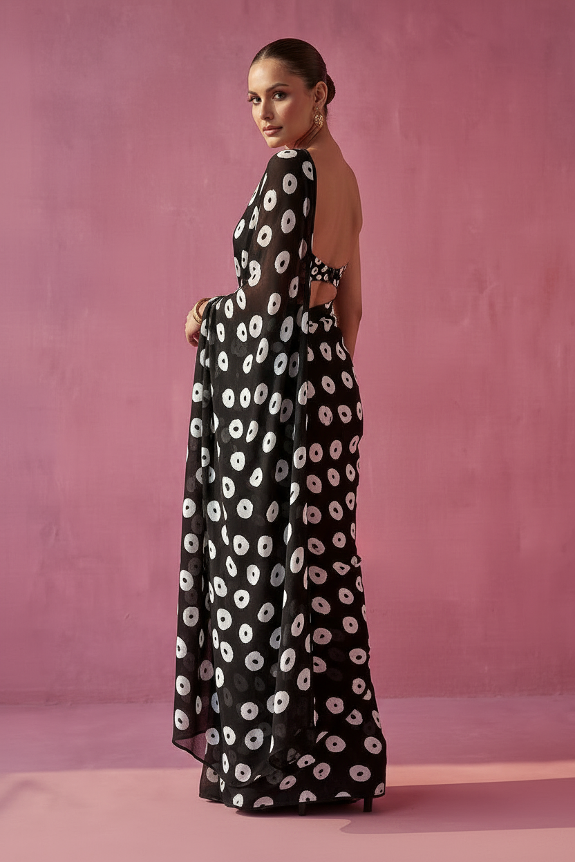 Black White Modern Pebble Dot Print Silk Blend fabric Saree