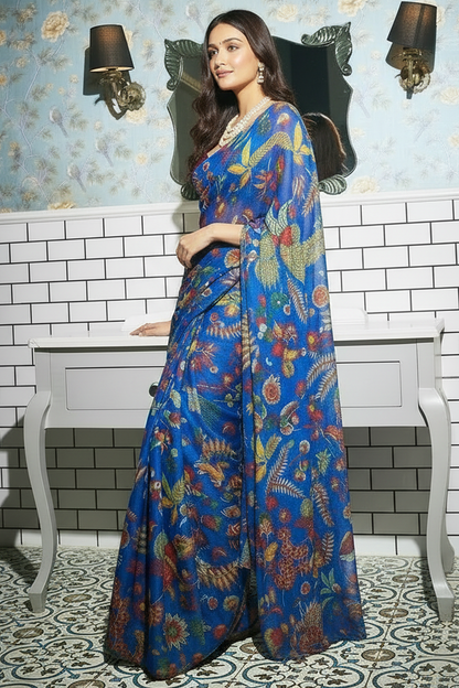 Azure Garden Blue Botanical Print Georgette Saree