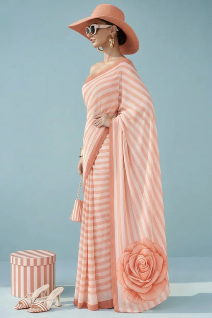 Peach Striped Rose Silk Blend Saree