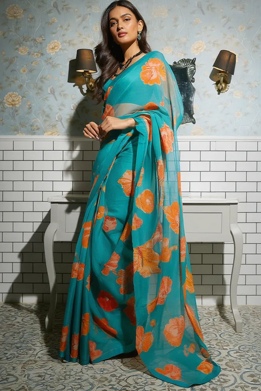 Tangerine Bloom Turquoise Floral Georgette Saree