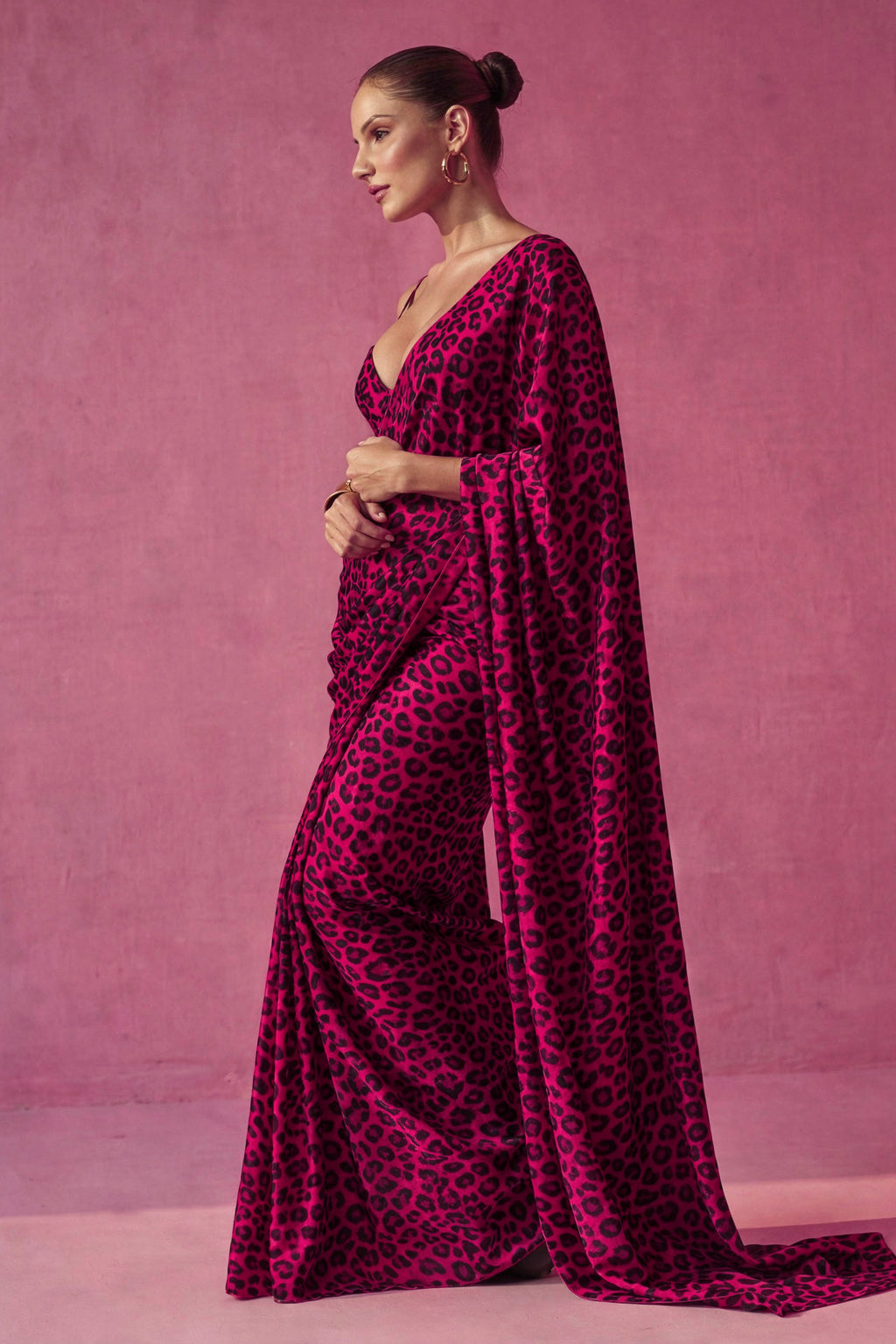 Hot Pink Leopard Printed Silk Blend Saree