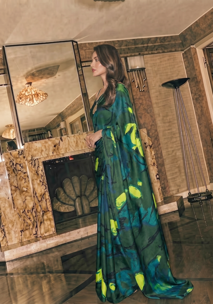 Dark Green Abstract Print Silk Blend Saree