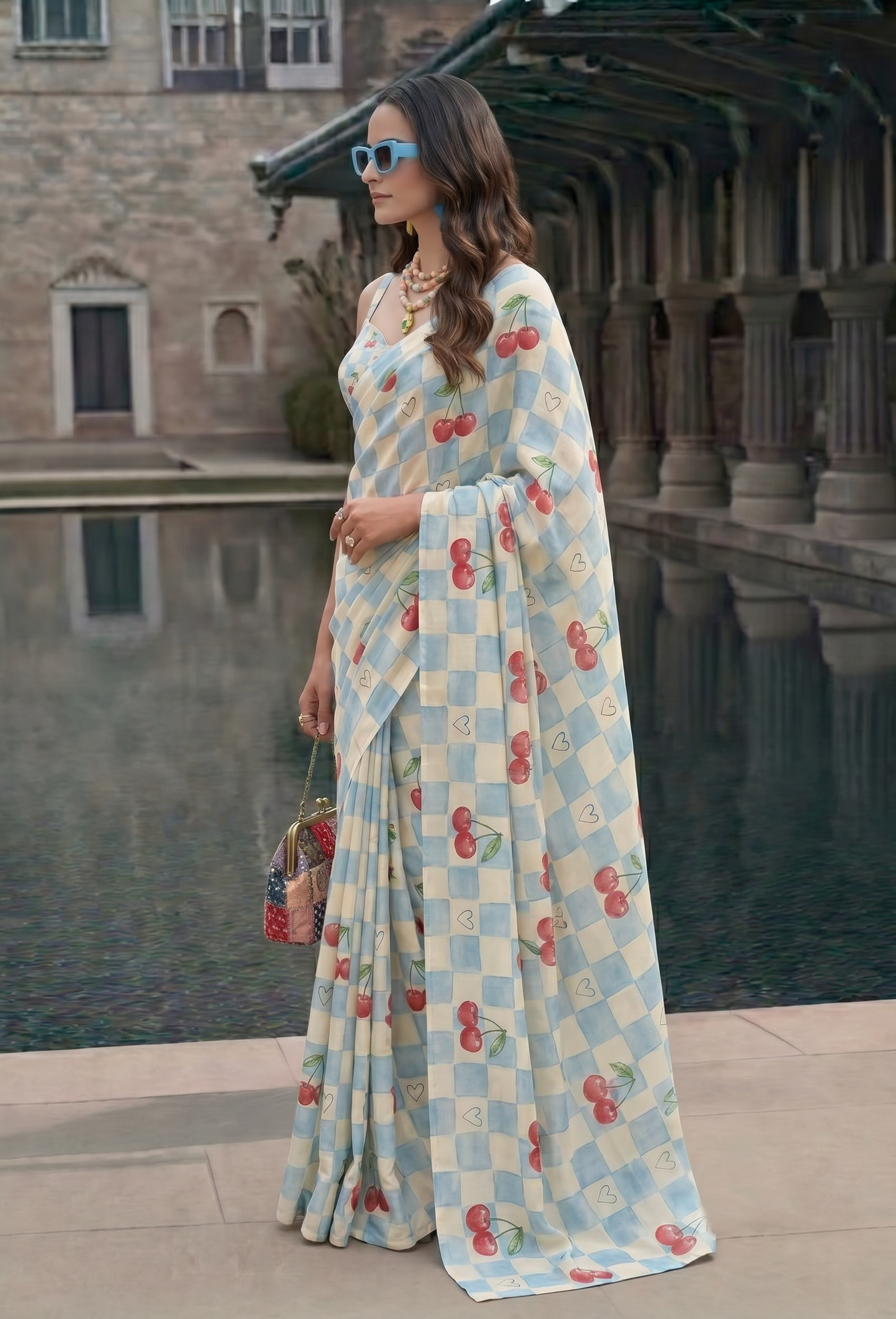Cherry Blue Checkered Silk Blend Saree