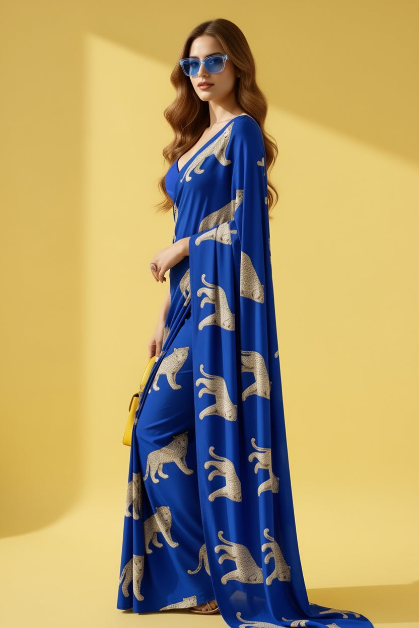 Royal Blue Leopard Silk Blend fabric Saree