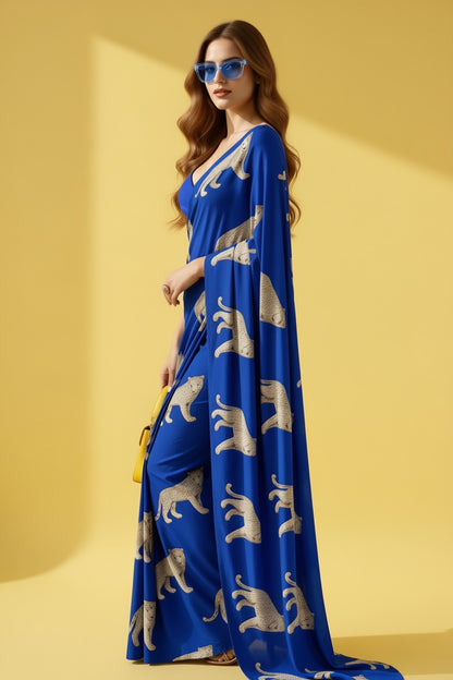 Royal Blue Leopard Silk Blend fabric Saree