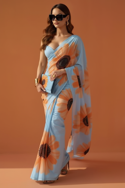 Sky Blue & Orange Sunflower Print Georgette Saree