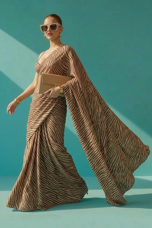 Brown Zebra Printed Silk Blend Saree