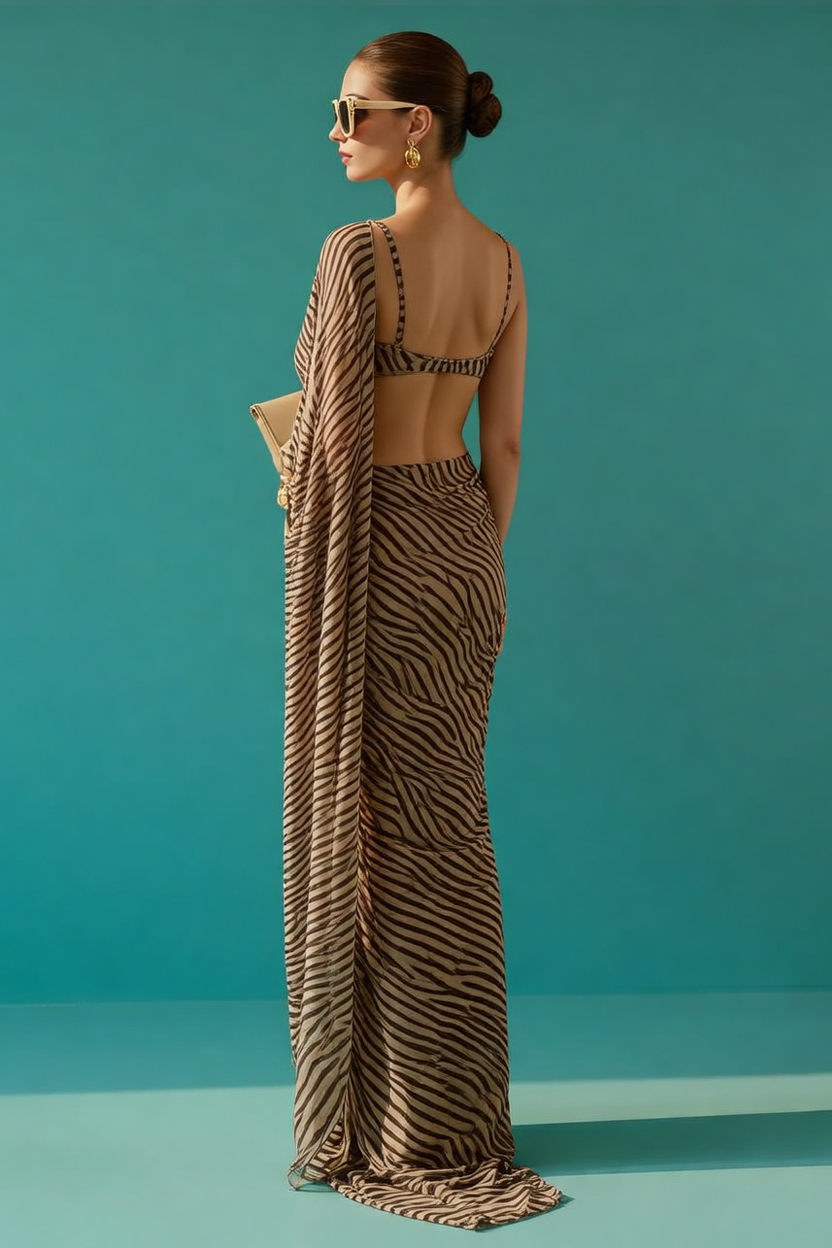 Brown Zebra Printed Silk Blend Saree