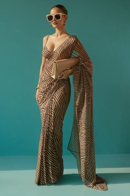 Brown Zebra Printed Silk Blend Saree
