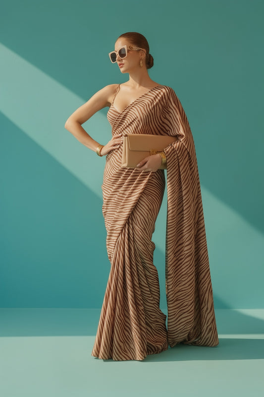 Brown Zebra Printed Silk Blend Saree