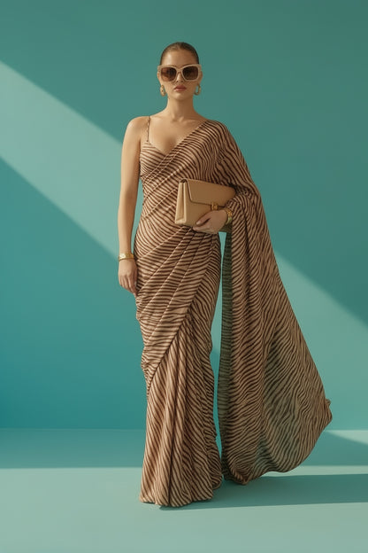 Brown Zebra Printed Silk Blend Saree