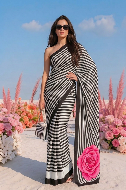 Black & White Striped Rose Silk Blend Saree