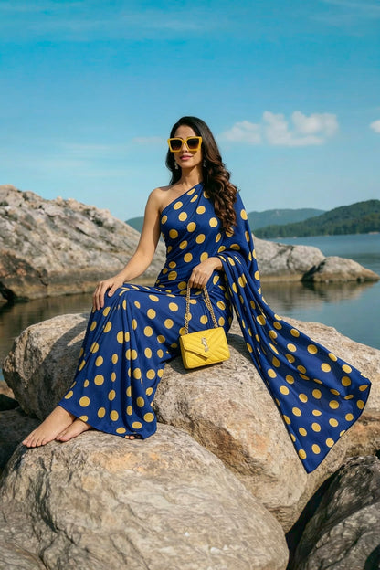 Blue & Yellow Polka Dot Silk Blend Saree