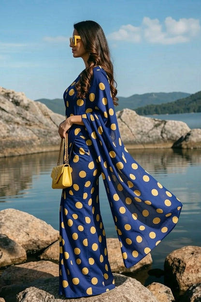 Blue & Yellow Polka Dot Silk Blend Saree