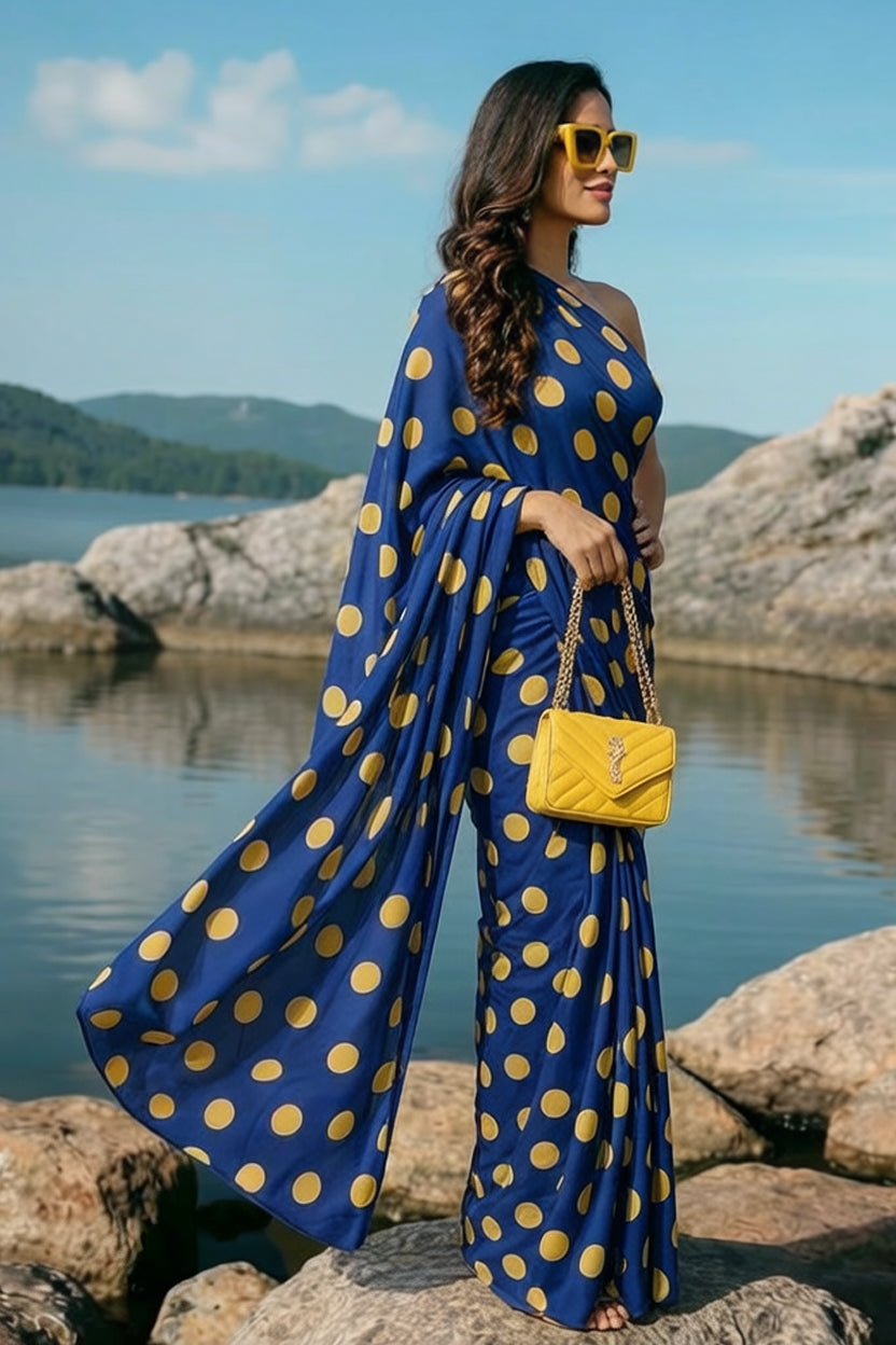 Blue & Yellow Polka Dot Silk Blend Saree