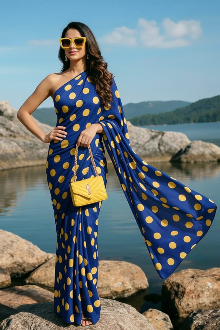 Blue & Yellow Polka Dot Silk Blend Saree