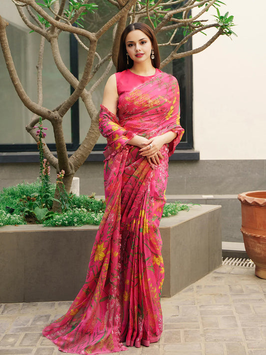 Pink Floral Silk Blend Saree - Vibrant Printed Saree