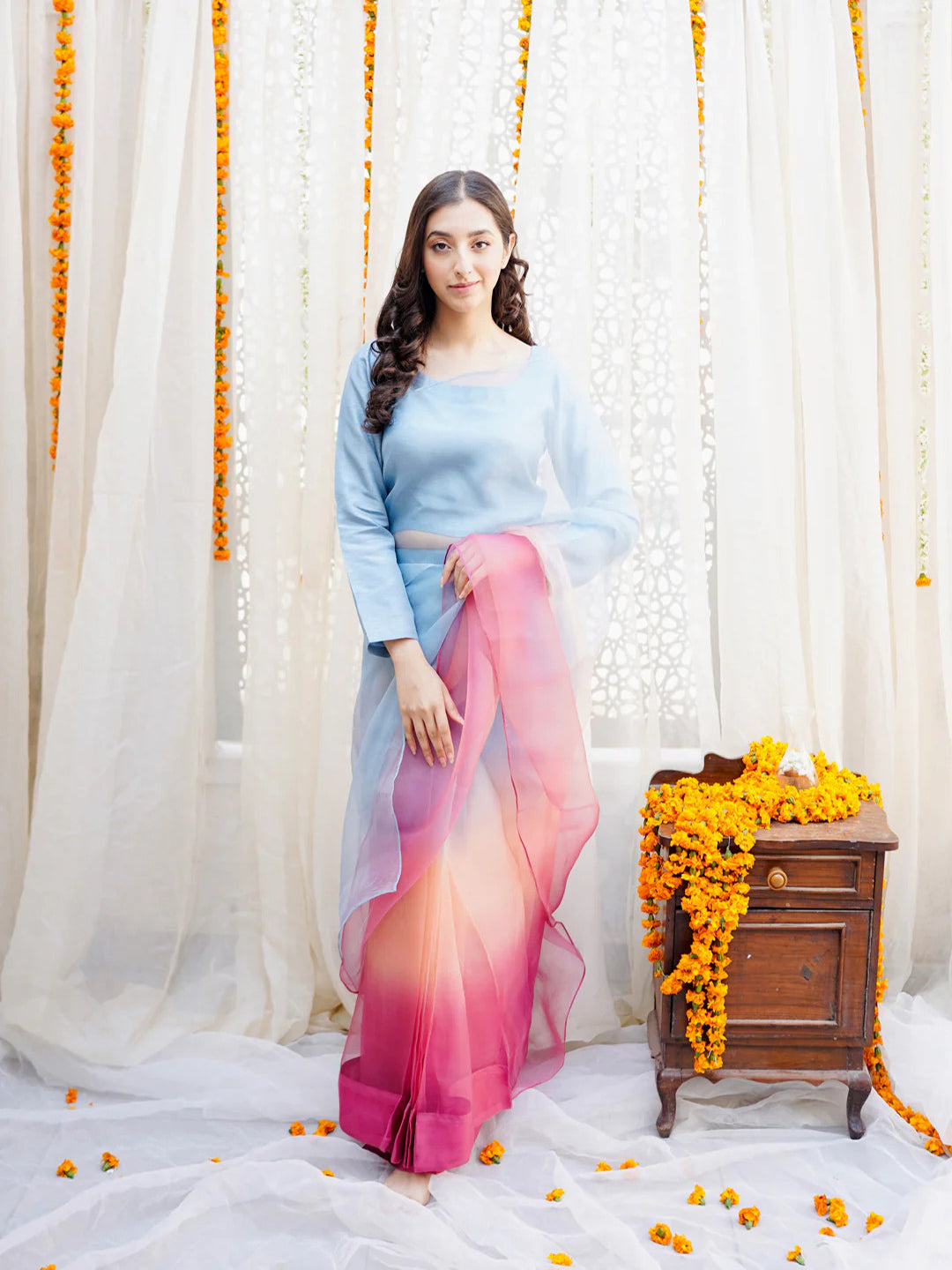 Blue to Pink Coral Ombre Organza Saree – Dreamy Designer Drape with Unstitched Blouse
