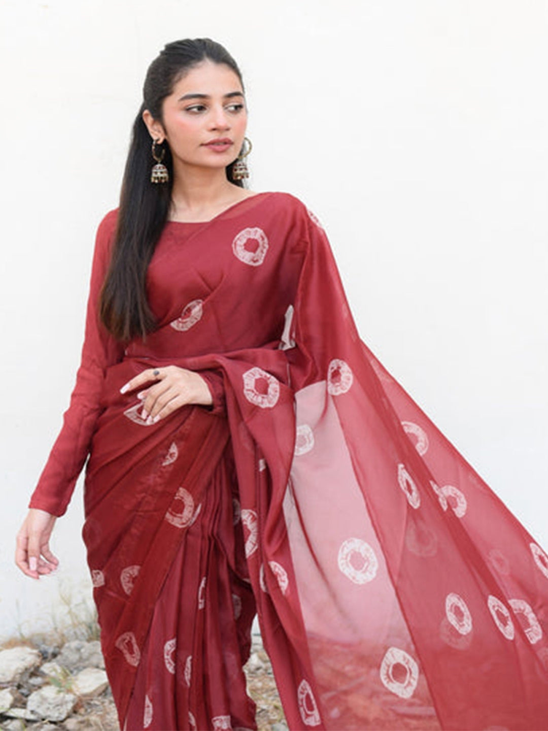 Maroon Handblock Printed Silk Blend Saree – Elegant Ethnic Wear for Women