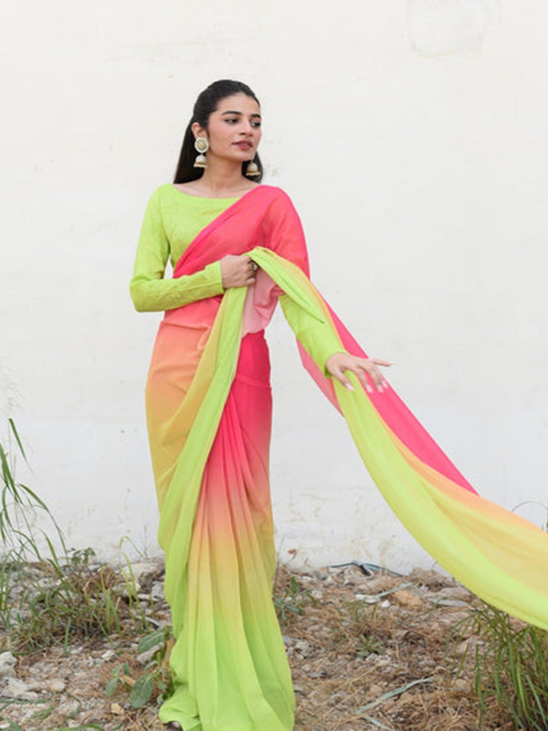 Neon Green to Pink Ombre Silk Blend Saree – Lightweight Partywear for Women