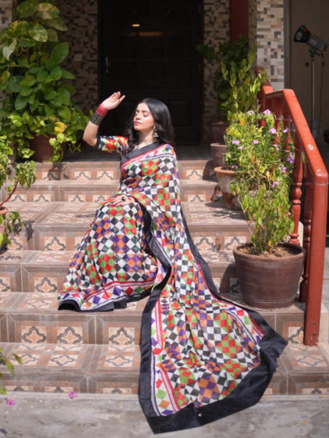 Multicolor Geometric Print Silk Blend Saree with Black Border – Elegant Festive Wear for Women