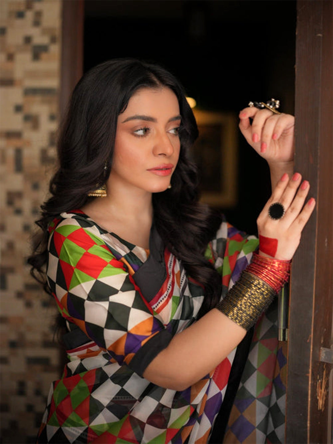 Multicolor Geometric Print Silk Blend Saree with Black Border – Elegant Festive Wear for Women