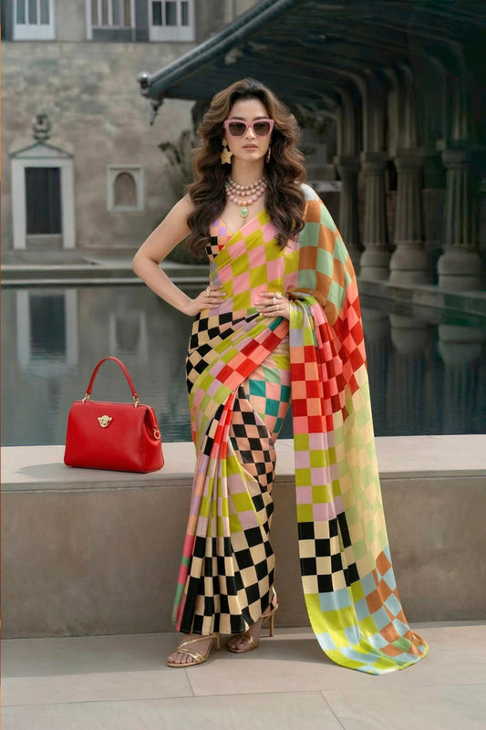 Multicolour Checkered Silk Blend Saree