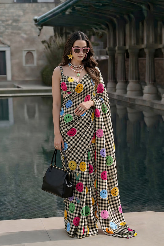 Smiley Face Checks Printed Silk Blend Saree