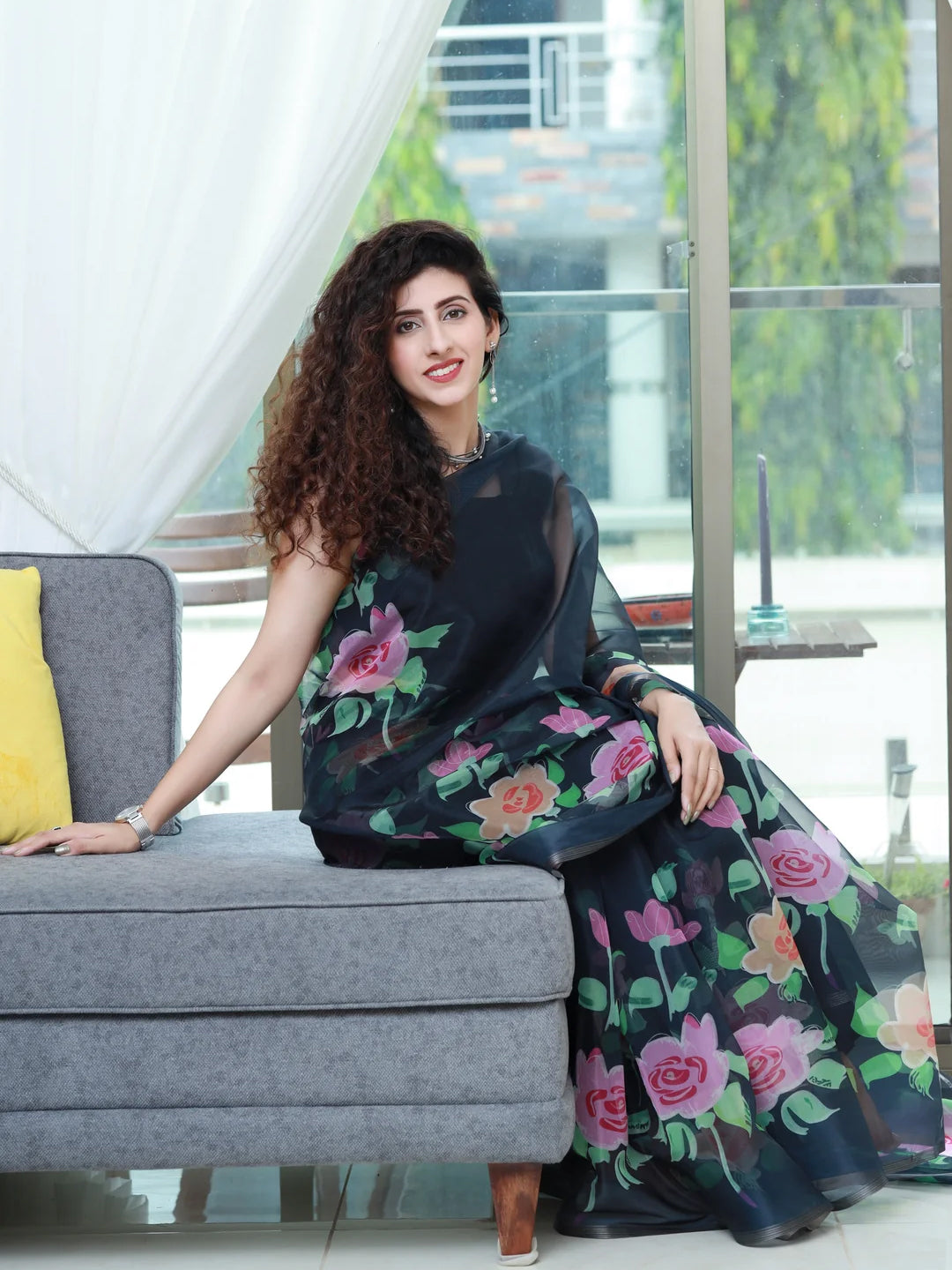 Elegant Black Organza Saree - Pink Rose Floral Print