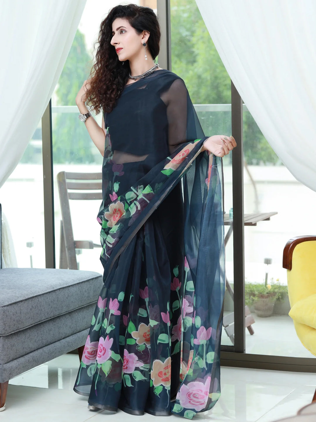 Elegant Black Organza Saree - Pink Rose Floral Print