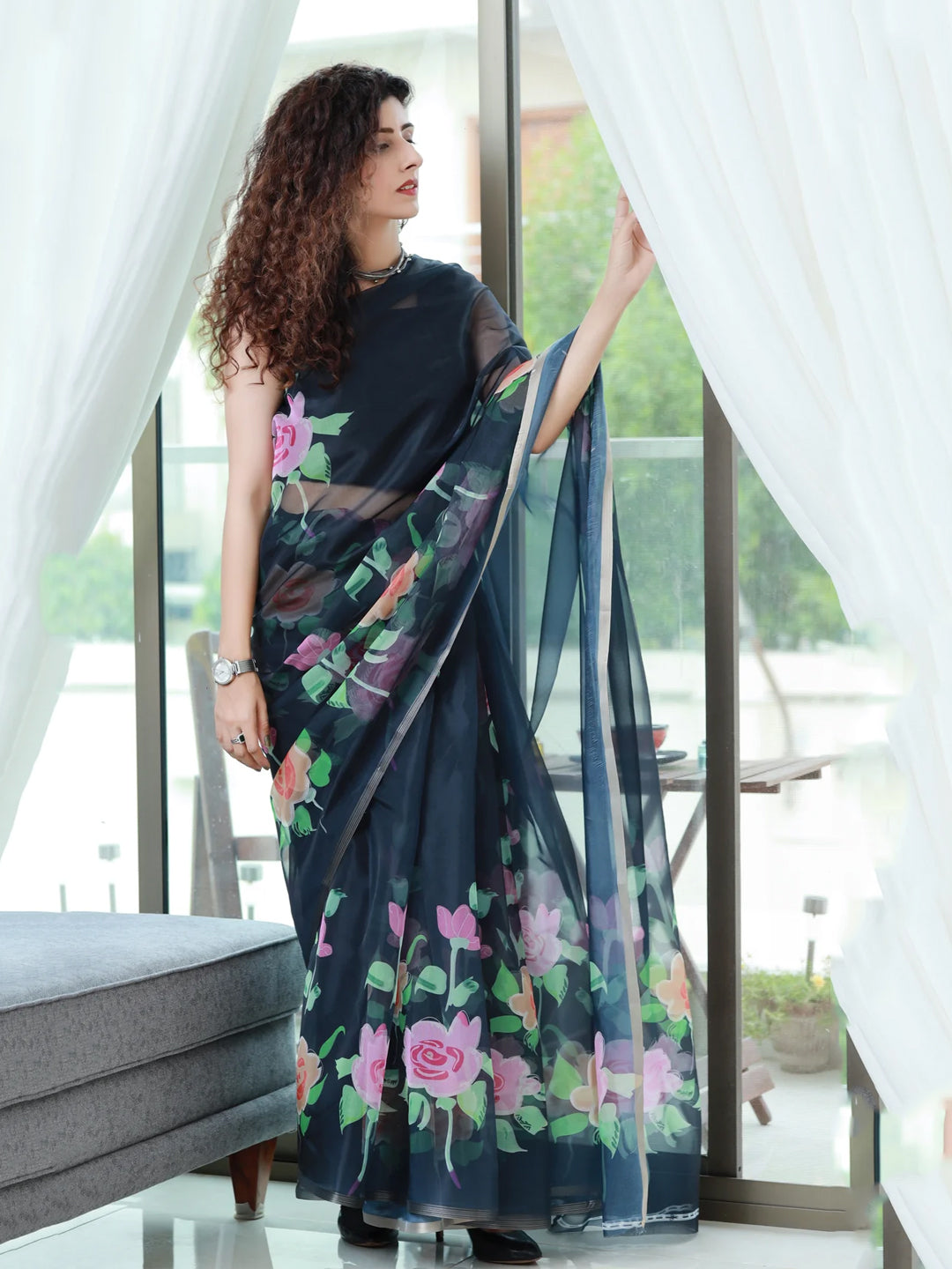 Elegant Black Organza Saree - Pink Rose Floral Print