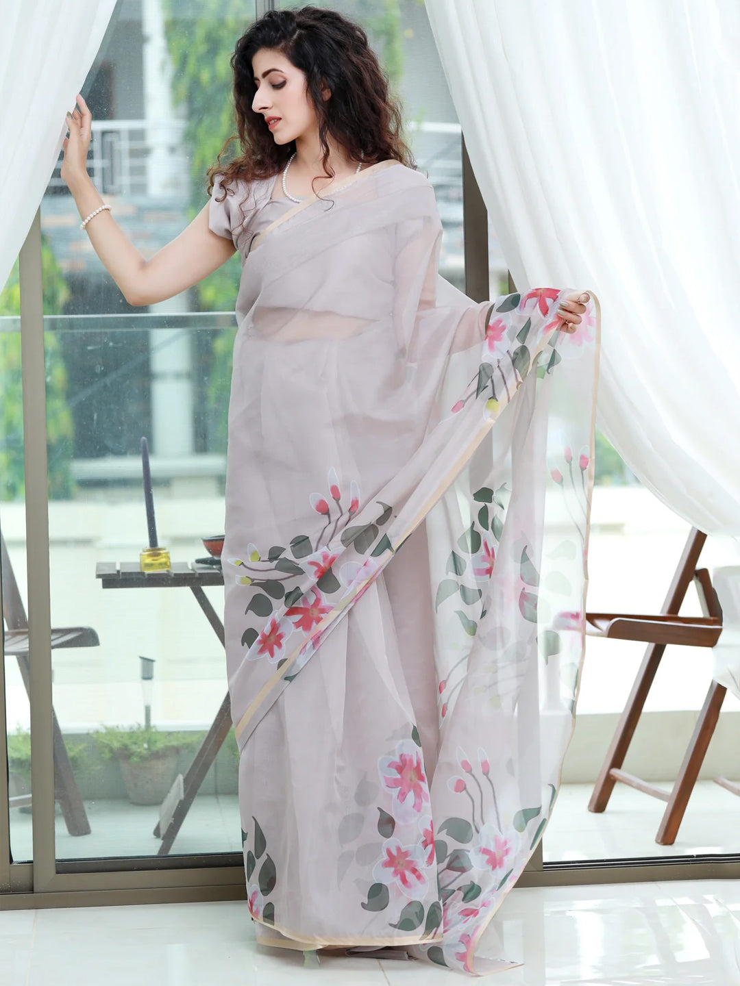 Graceful Light Pink Organza Saree - Delicate Floral Print