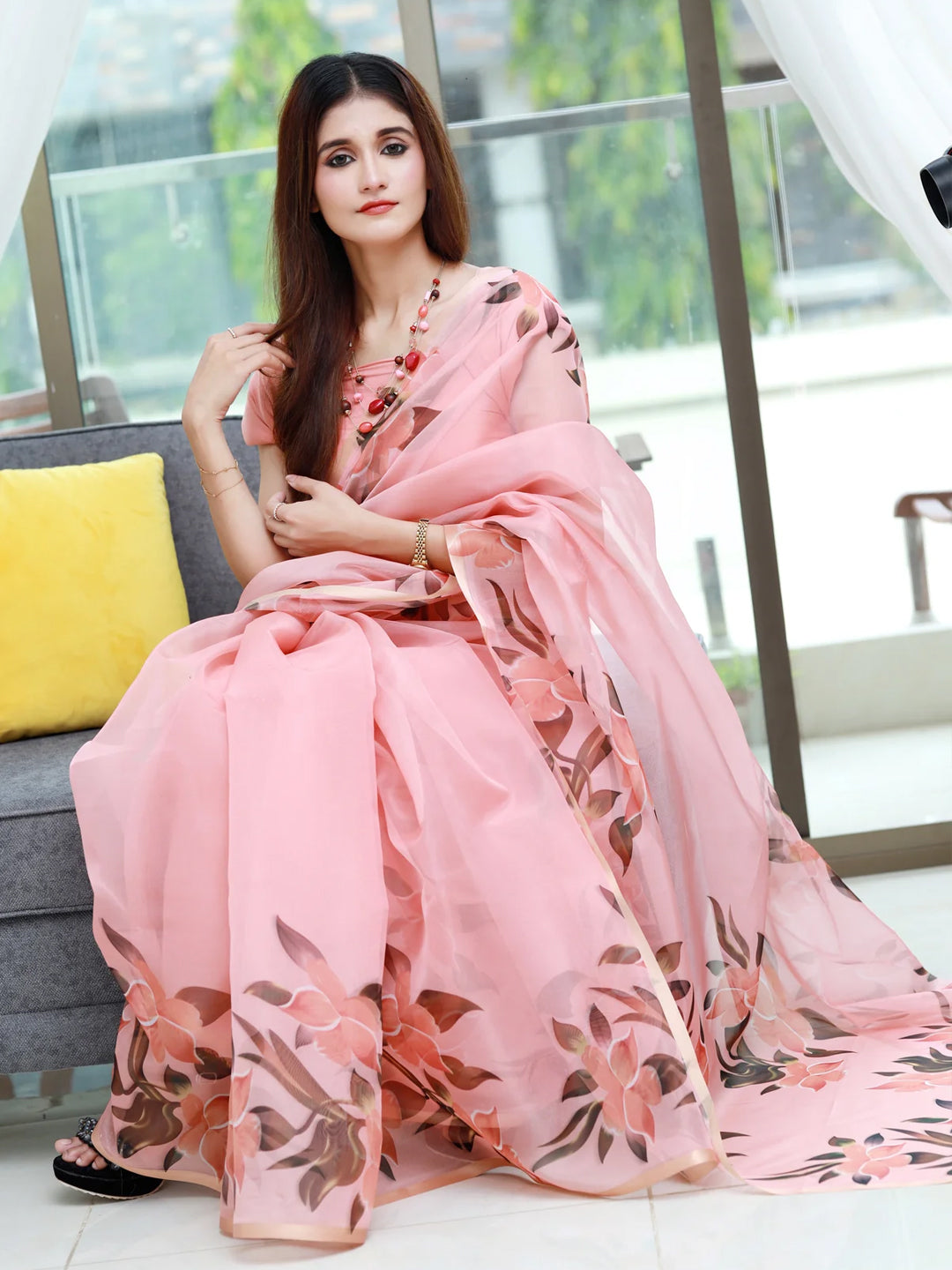 Beautiful Peach Organza Saree - Leaf Print Design
