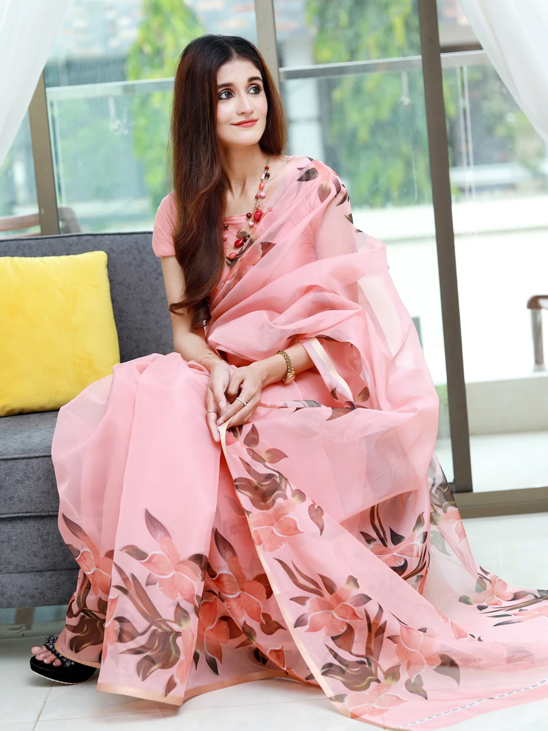 Beautiful Peach Organza Saree - Leaf Print Design