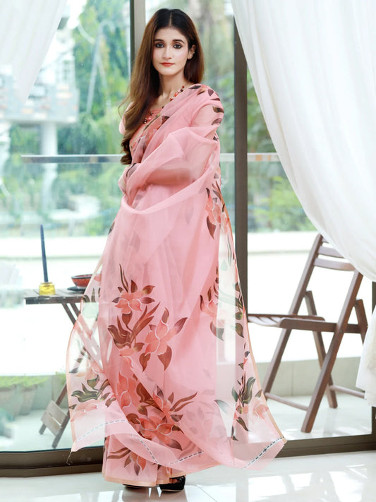 Beautiful Peach Organza Saree - Leaf Print Design