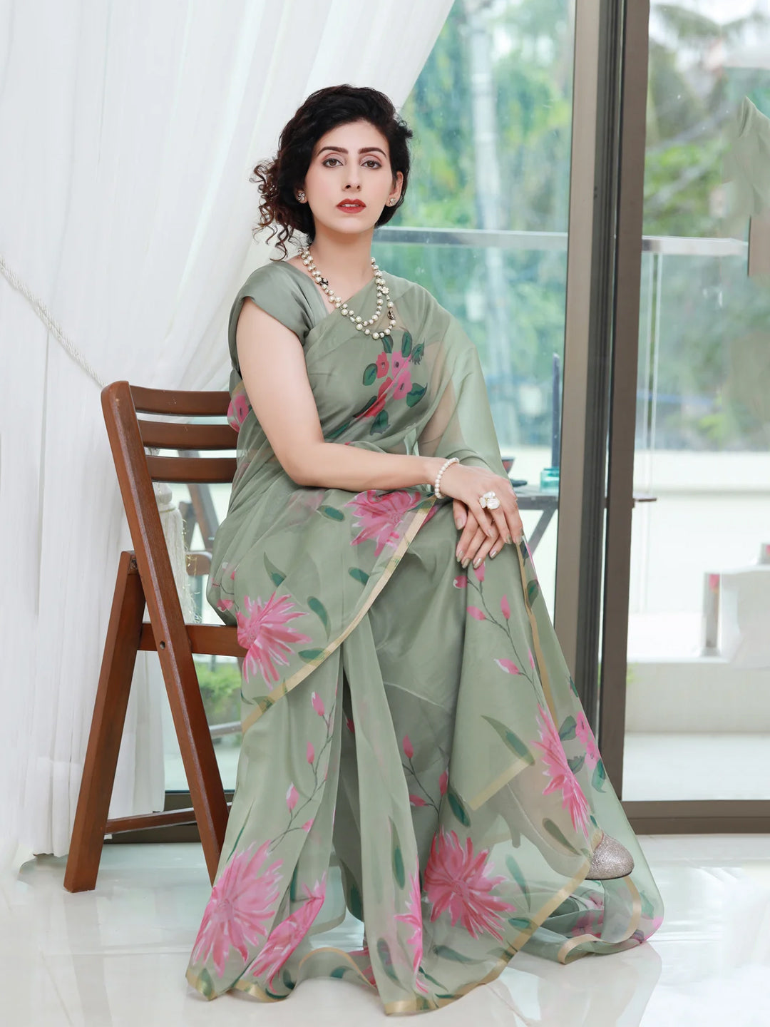 Elegant Sage Green Organza Saree - Pink Floral Print